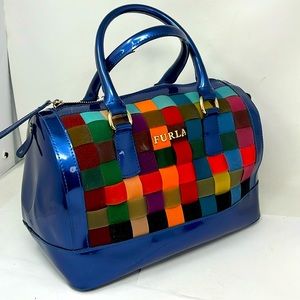 Furla Multi Color Patent and Multi Color Mesh Bowler Bag